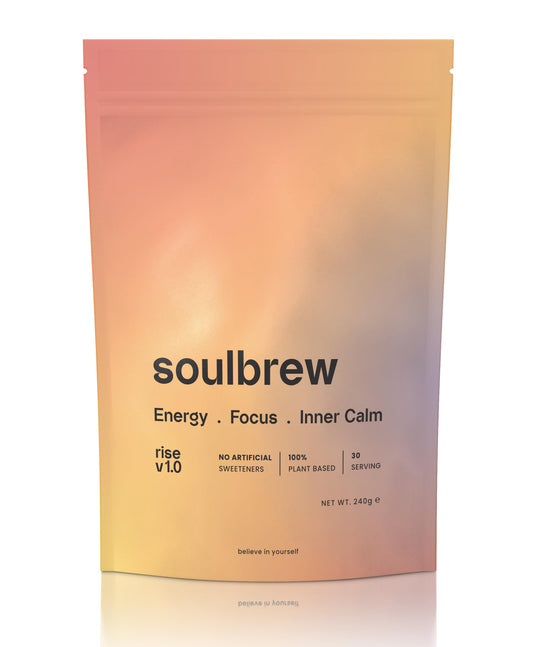 SoulBrew Rise - Mushroom Coffee Alternative - with Lion's Mane, Cordyceps, Chaga, Maca, Ashwagandha & Cacao – Gut Friendly Nootropic Superfood with Adaptogens for Energy & Focus - Vegan - 30 Servings