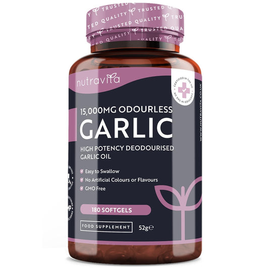 Premium Garlic Capsules - Odourless High Strength 15,000mg - 180 Soft Gel Capsules of Deodourised Cold Pressed Garlic Oil from Allium Sativum – 6 Month Supply - Made in The UK by Nutravita