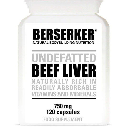 Berserker Desiccated Beef Liver 750mg 120 Capsules Un-defatted Meaning Full Absorption of Naturally Occurring Vitamins and Minerals Found in Beef Liver. Made in The UK.