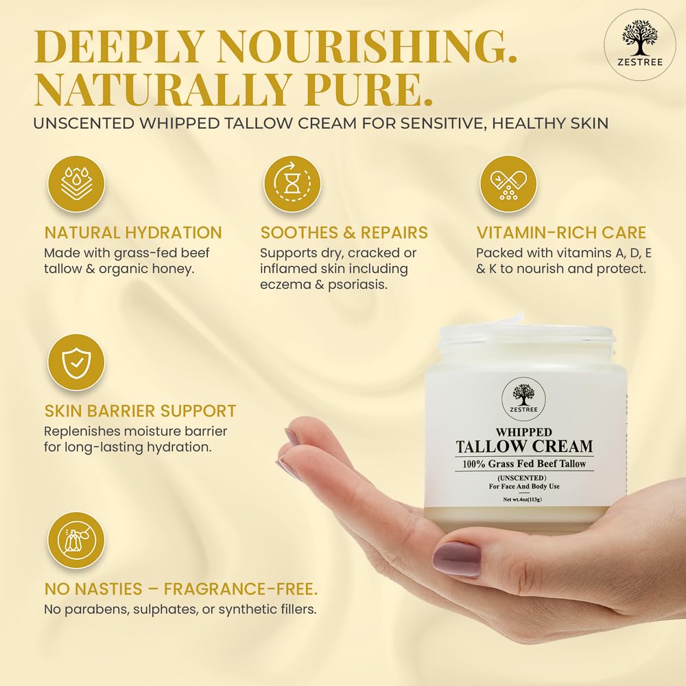 ZESTREE Whipped Tallow Cream, Nourishing Face & Body, Grass Fed, Unscented 113g