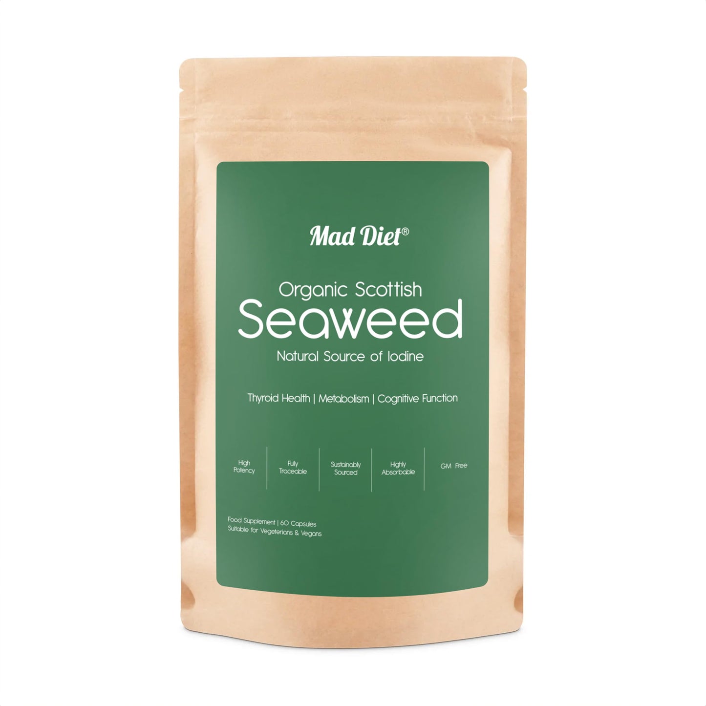 Mad Diet Organic Scottish Seaweed | Health Support | Natural Source of Iodine | Sustainably Sourced | Zero Additives | 60 Capsules –2 Month Supply | Suitable for Vegans