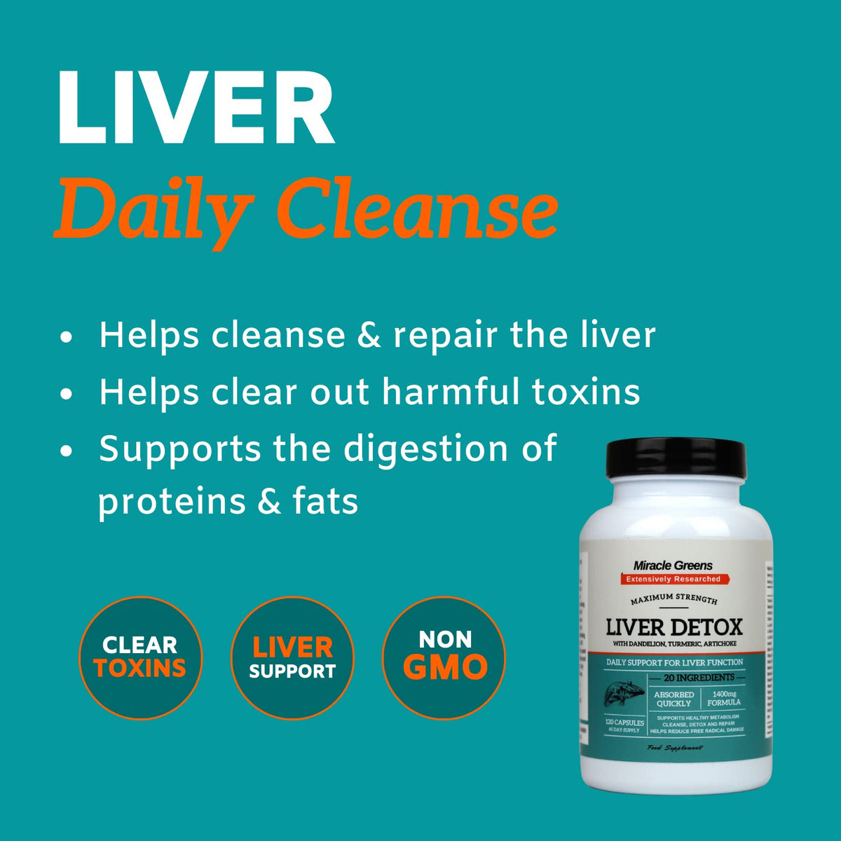 Macro Greens Liver Detox and Repair – 1400mg Complex | High Strength with 20 Effective Ingredients | Boosted with Dandelion, Turmeric, Amino Acids, Vitamins and More | 120 Capsules - 60 Day Supply