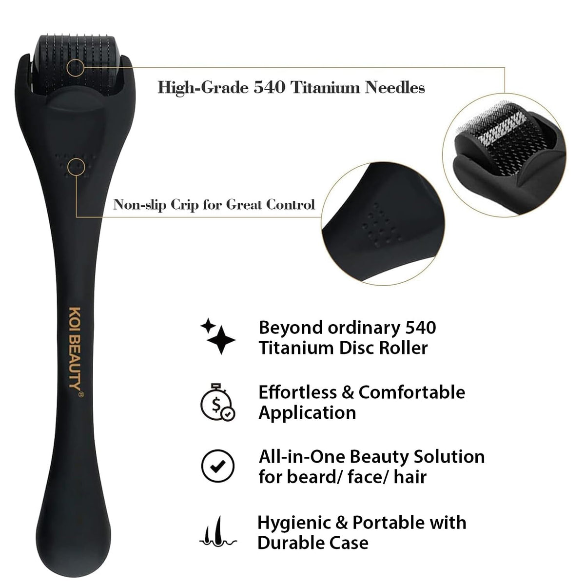 Koi Beauty KOI BEAUTY Derma Roller 1mm for Hair Growth, Microneedling Roller for Face Body Scalp, Beard Roller for Beard Growth, Micro Needling Roller 540 Titanium Needle for Men Women Home Use
