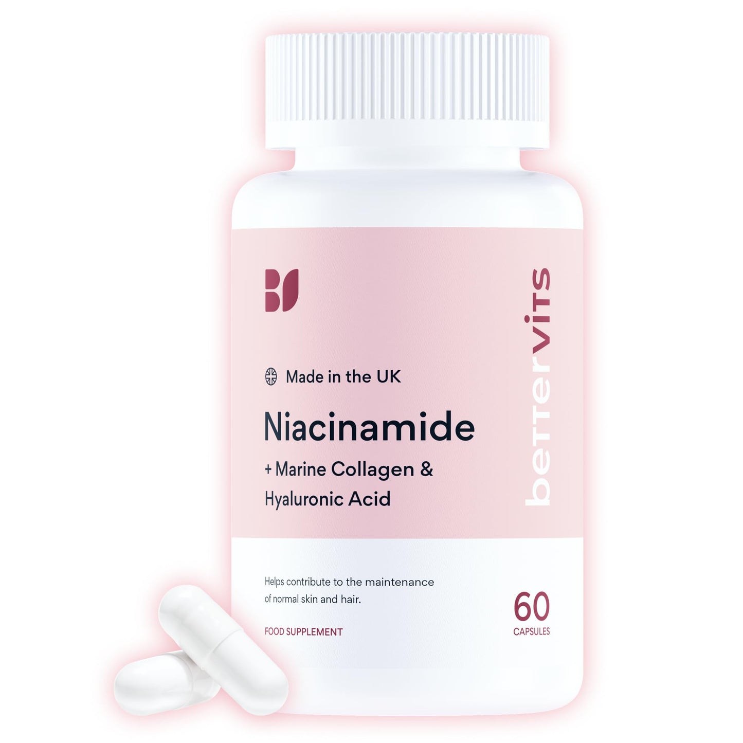 Bettervits Niacinamide Complex with Vitamin B3 Niacin, Marine Collagen, and Hyaluronic Acid – High-Strength Niacinamide Supplement for Energy Support – Natural Vitamin B3 Boost – 60 Capsules