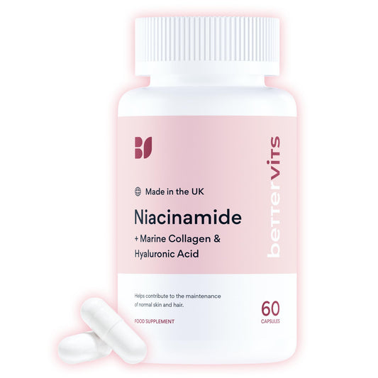 Bettervits Niacinamide Complex with Vitamin B3 Niacin, Marine Collagen, and Hyaluronic Acid – High-Strength Niacinamide Supplement for Energy Support – Natural Vitamin B3 Boost – 60 Capsules