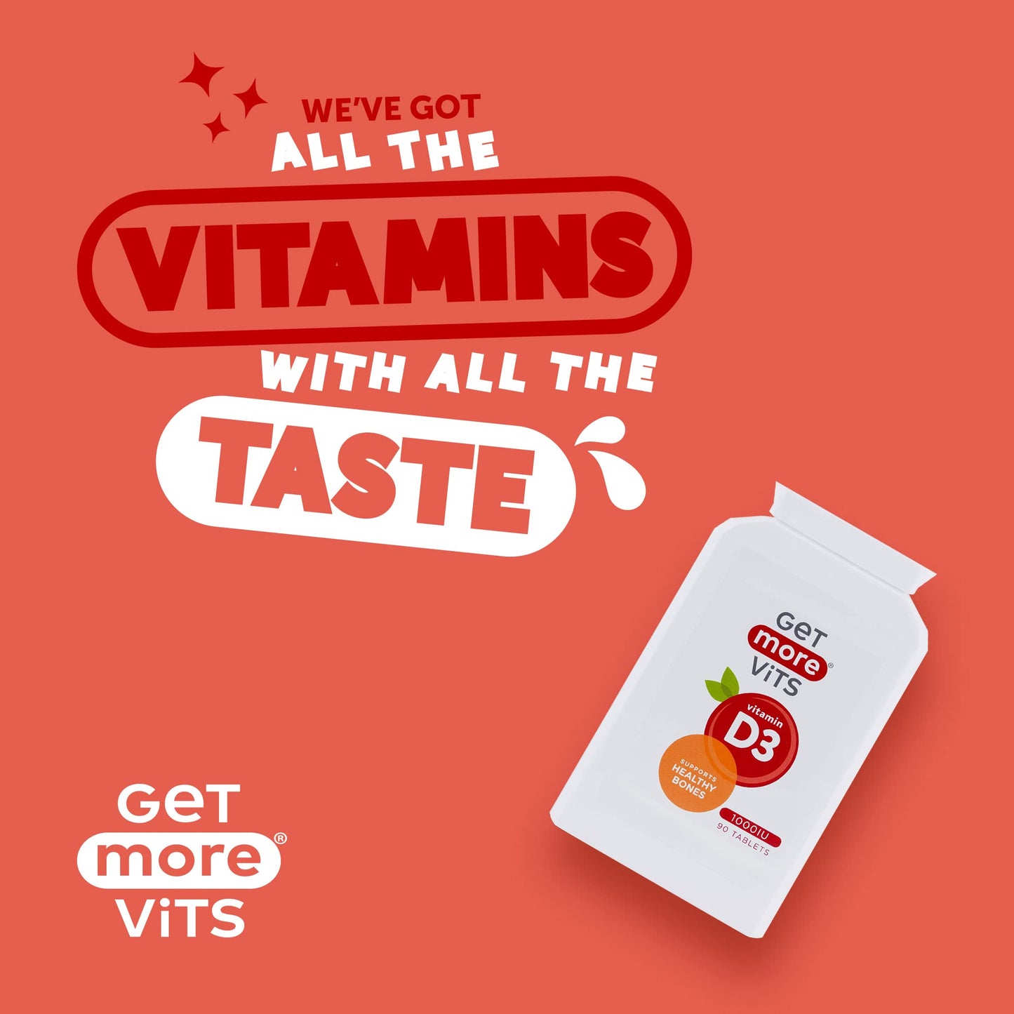 Get More Vits - Vitamin D3 Tablets (90 Tablets), 90 1,000IU Servings Per Bottle, Strengthens Bones, Teeth & Muscles, Promotes Calcium Absorption & Improves Immune System, Vegetarian, Food Supplement