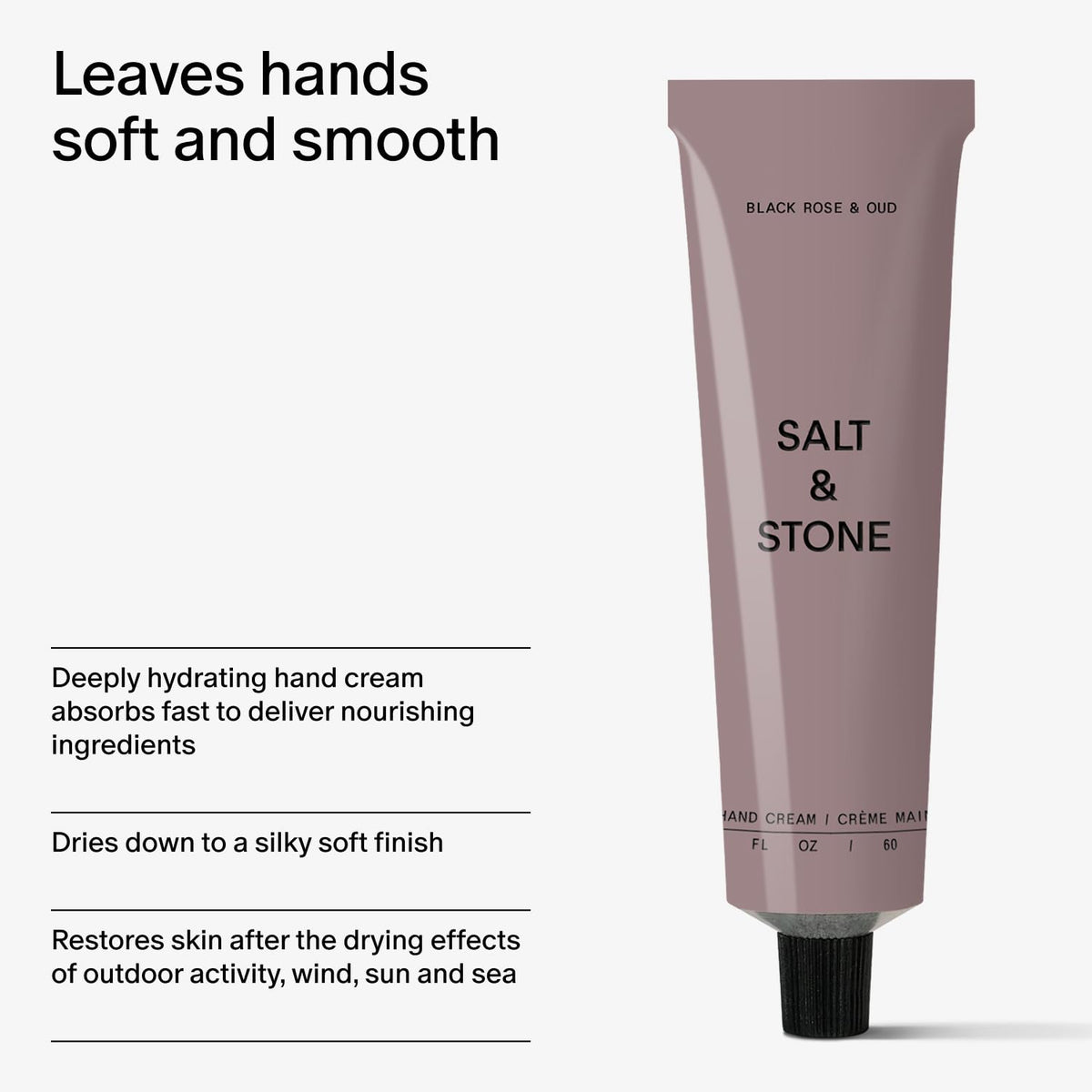 Salt & Stone Hand Cream for Women & Men | Hydrates, Nourishes & Softens Skin | Restores Dry Cracked Hands | Fast-Absorbing | Cruelty-Free & Vegan | Black Rose & Oud 2 fl oz