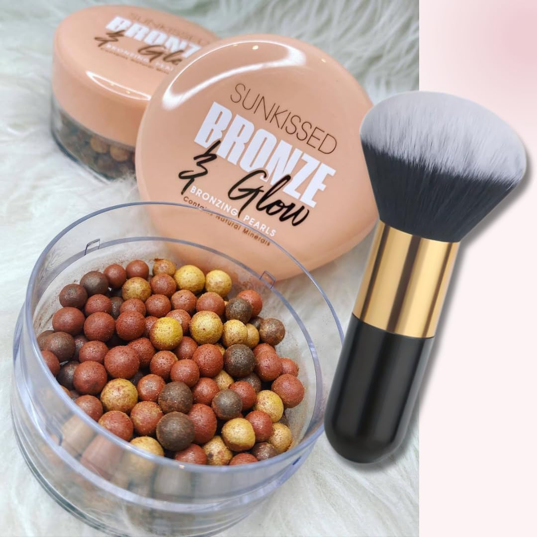 Sunkissed Bronze & Glow Makeup - Includes 2 x 45g Tubs of Sunkissed Bronze & Glow Bronzing Pearls and 1 Soft Bronzing Brush - Bronzer - Vegan-Friendly Makeup Bundle by Kevagh
