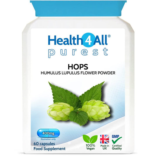 Health4All Hops 400mg 60 Capsules (V) .(not Tablets) Purest: no additives. Vegan Capsules for Anxiety, Stress and Sleep Supplement