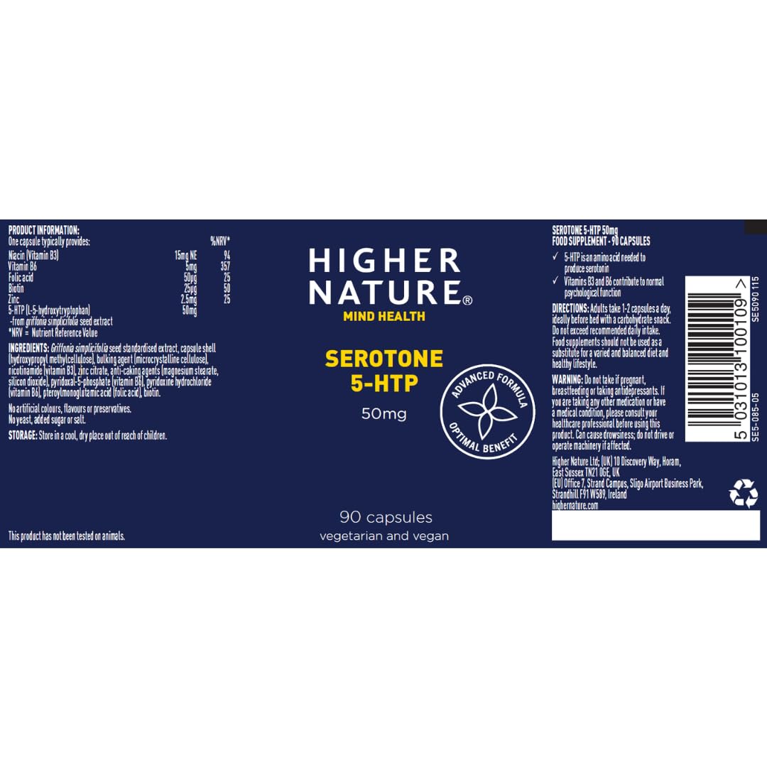 HIGHER NATURE Higher Nature - Serotone 5HTP - 50mg - Psychological Support - Natural Source of 5HTP - B Vitamins & Zinc - Vegan & Vegetarian - 90 Capsules