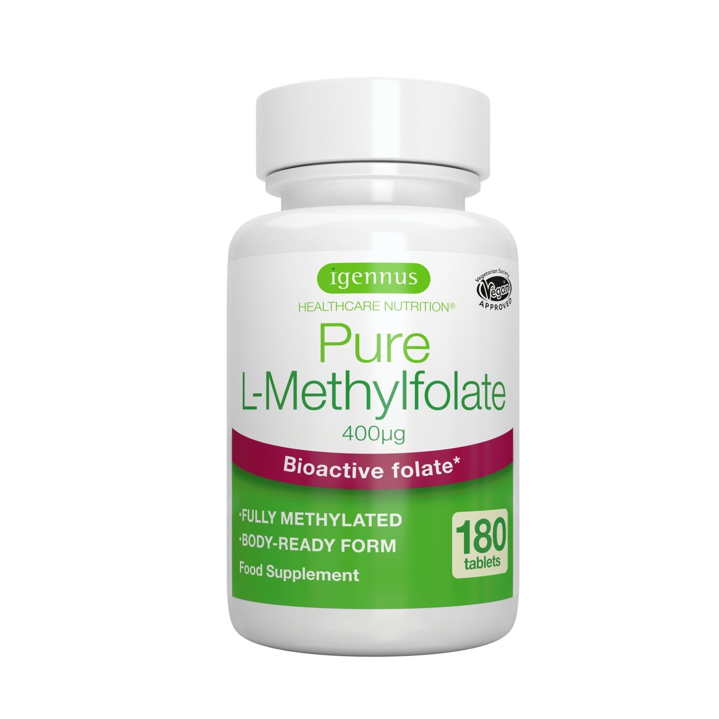 Igennus Healthcare Nutrition Igennus Pure Methyl Folate 400 mcg, 180 Tablets, 5-MTHF Active Folate (B9)