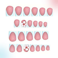 Viugex 24Pcs Blue French Tip Press on Nails, Acrylic False Nails Short Square Glossy Fake Nail Kit, Natural Glue on Nail with 3D Flowers, Reusable Gel Stick on Nails for Women Girls Manicure Art