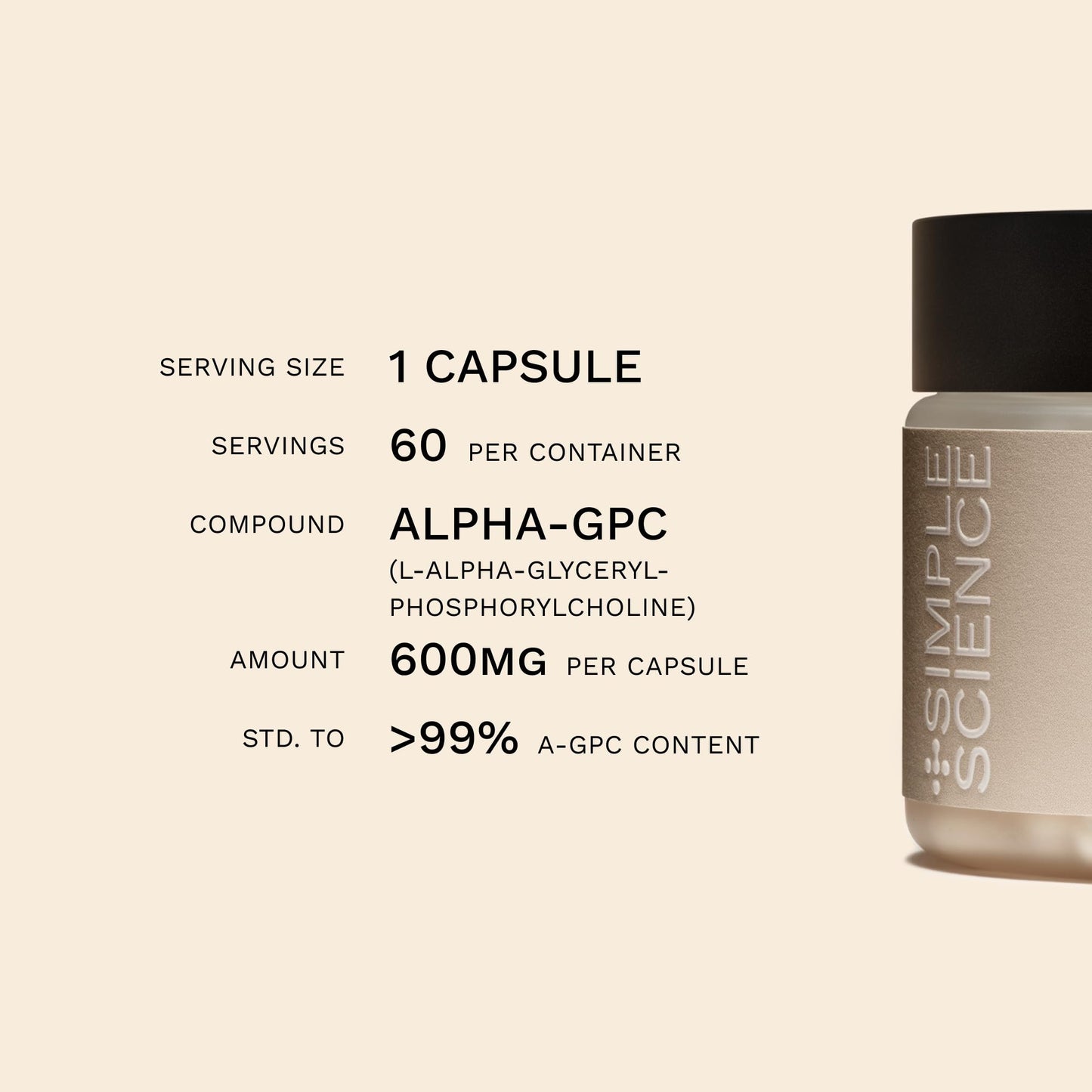 Simple Science Alpha GPC 600mg in One Capsule | 60 Capsules = 60 True Servings | Lab Tested Choline Supplement | Nootropic for Focus, Memory and Cognitive Function | Made in the UK