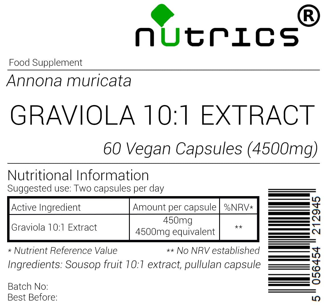 Nutrics® 4500mg GRAVIOLA Soursop V Capsules 10:1 Fruit Extract - 100% Pure Brazilian Paw Paw - Annona Muricata - 10 x Stronger Than Graviola Powder -– Choose from 120Capsules (2 Month Supply)