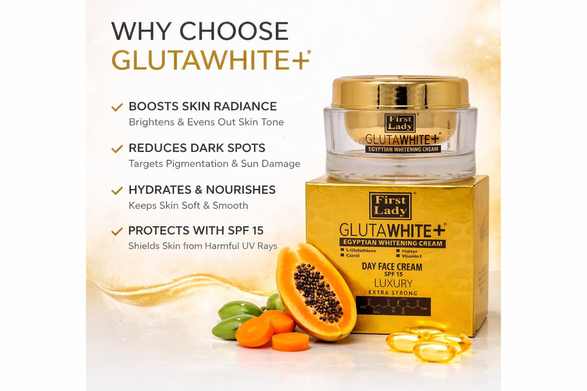 FIRST LADY GLUTAWHITE First Lady Glutawhite Gold Brightening Day Cream SPF15 100ml – With L-Glutathione, Papaya, Vitamin E & Goat Milk – Hydrating Face Moisturiser for Even-Looking Skin Tone