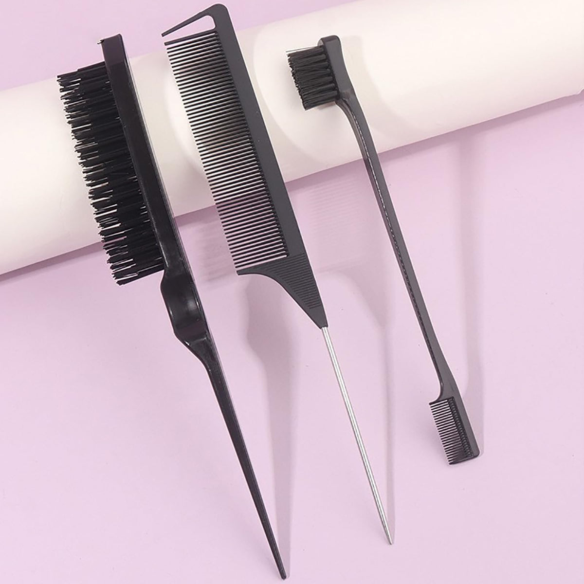 Luoqun88 3 Pcs Slick Back Hair Brush Set - Double Sided Edges Brush, Rat Tail Comb & Bristle Hair Brush for Women, Hairdressers, Salon Styling (Black)