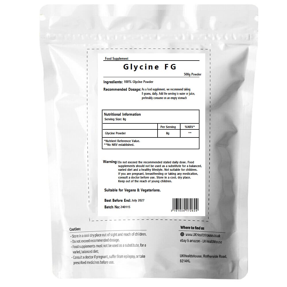500g UKHealthHouse Glycine Powder 500g - Anti Inflammatory, Sleep Aid - Recovery, GH Release 100% Pure Glycine, Vegan Friendly, Boosts Protein Synthesis, White