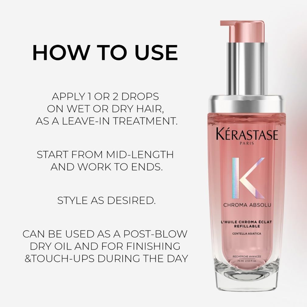 KÉRASTASE Kérastase Chroma Absolu, High Shine Hair Oil for Damaged Colour-Treated Hair, Lightweight Formula with Lactic Acid, Huile Chroma Éclat, 75ml Refill