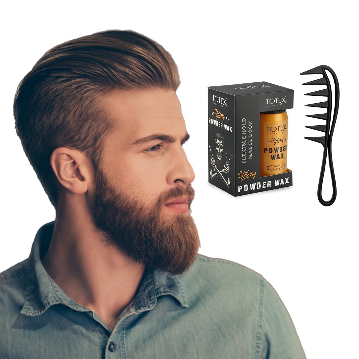 Totex Hair Styling Powder Wax 20g + Beard & Hair Styling Comb | Volumizing Texturising Dust Powder | Matt Look | Anti-Static Comb for Men & Women | Long Lasting Hold & Natural Finish