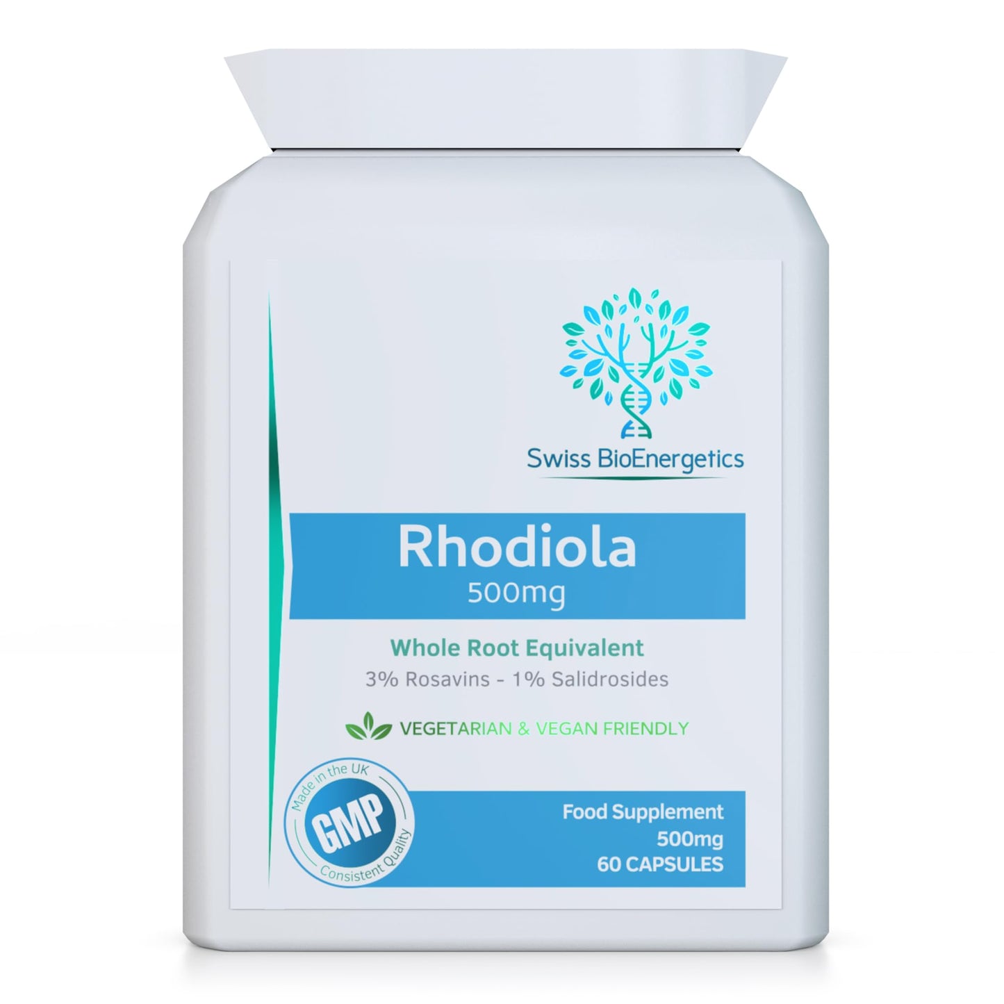 swiss bioenergetics Rhodiola 500mg (3% Rosavins - 1% Salidrosides) Whole Root Equivalent – 60 Capsules - Suitable for Vegetarians and Vegans