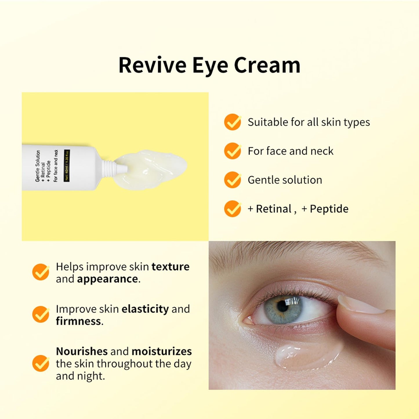 Revive Eye Cream for Face and Neck, Retinol Eyes Cream with Niacinamide & Coffea Arabica, Retinol Revive Eye Cream for Wrinkles, Reduces Wrinkles, Nourishing and Moisturizing, 40ML