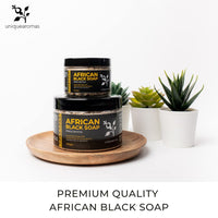 UNIQUE AROMAS Unique Aromas African Black Soap Skin Care, All in One Body Wash, Face Wash, Shampoo & Shaving Soap with Fair Trade Shea Butter Organic Soap for Acne, Rashes, Scar Removal (Unscented, 300g)