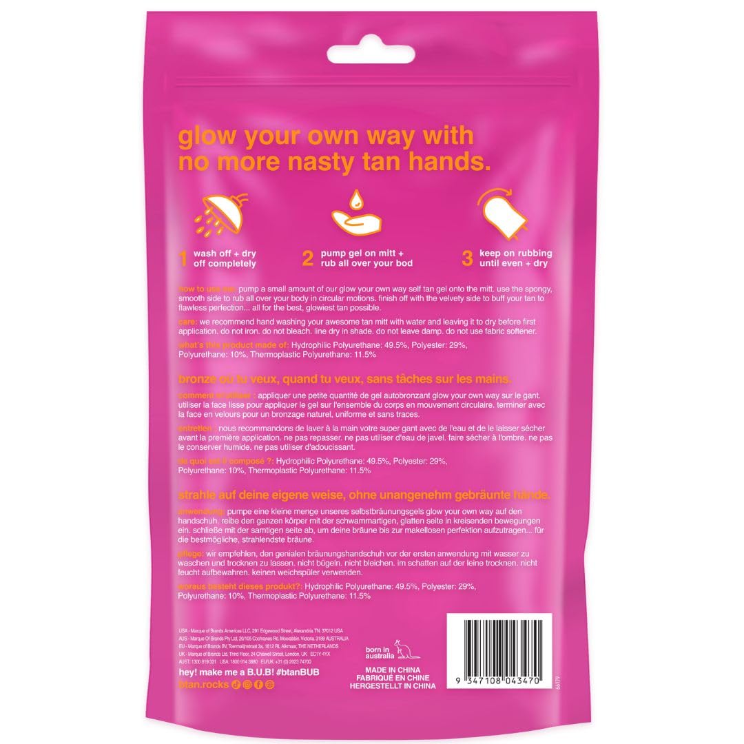 b.tan Gel Body Self Tanning Mitt | Glow Your Own Way Smooth Gel Mitt - Self Tan Gel Applicator Glove, Streak-Free, Even Application, Double Sided, Reusable