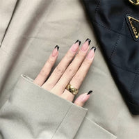 Minsezhi 24Pcs Glossy Black Press on Nails V-Shaped French False Nails Full Cover Clear Nails Square False Nails for Women and Girls