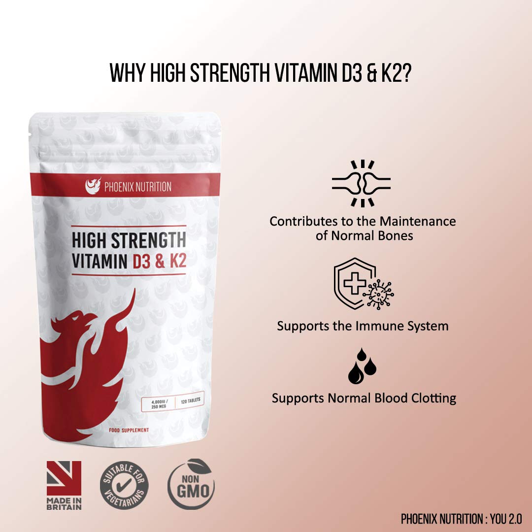 High Strength Vitamin D3 and K2 120 Tablets 4,000 IU 250mcg - Phoenix Nutrition