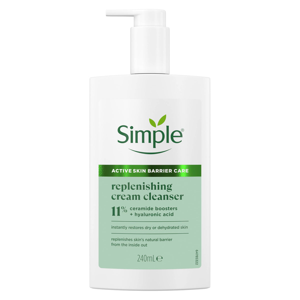 Simple Replenishing Cream Cleanser – Gentle Face Wash with Pro-Ceramides & Hyaluronic Acid – Restores Dry, Dehydrated Skin & Strengthens Skin Barrier – 240ml
