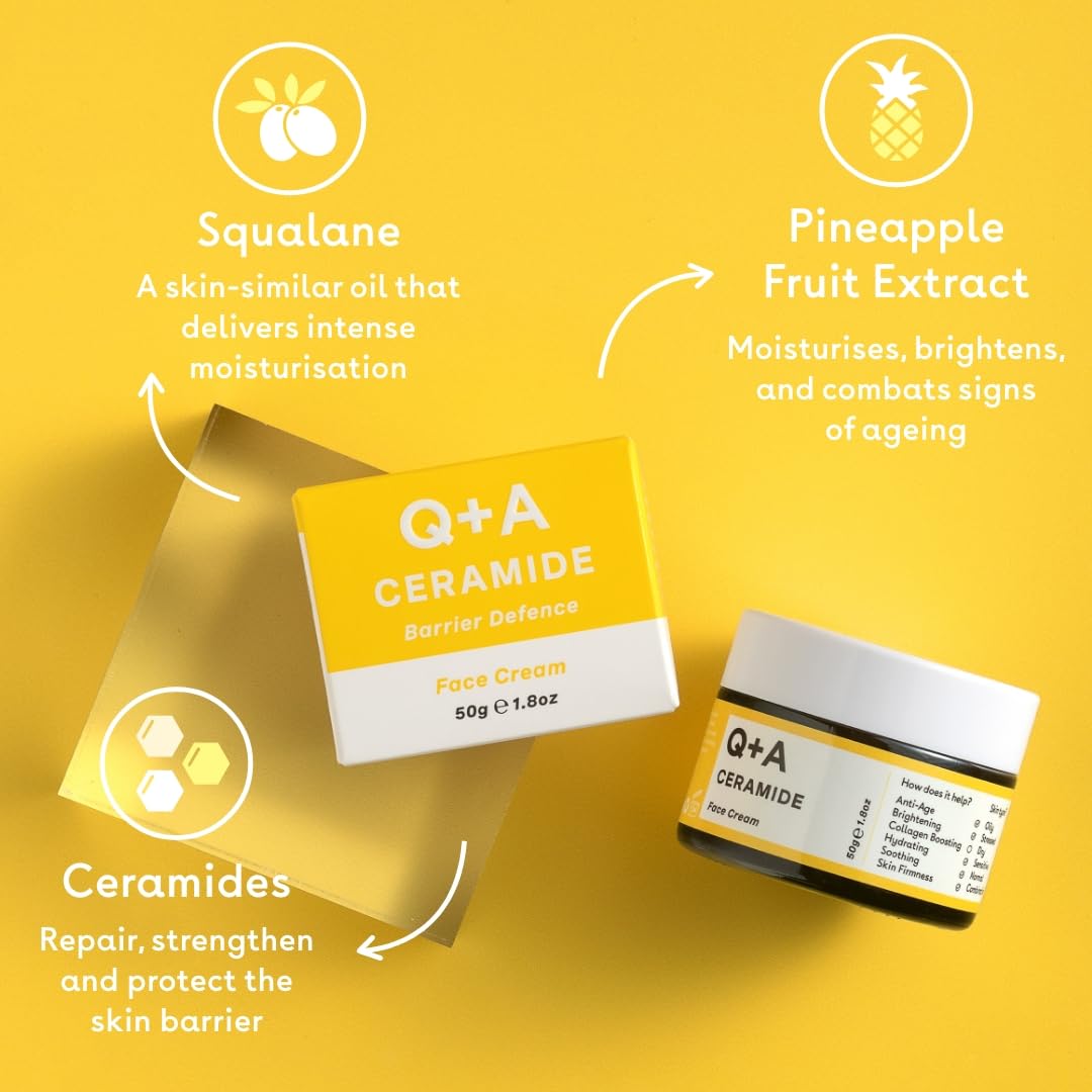Q+A Ceramide Barrier Defence Face Cream (50g), Hydrating Moisturiser with Pineapple Ceramides, Pro Vitamin E and Squalane, Natural Face Care, Fragrance Free Skincare, Brightening Face Cream