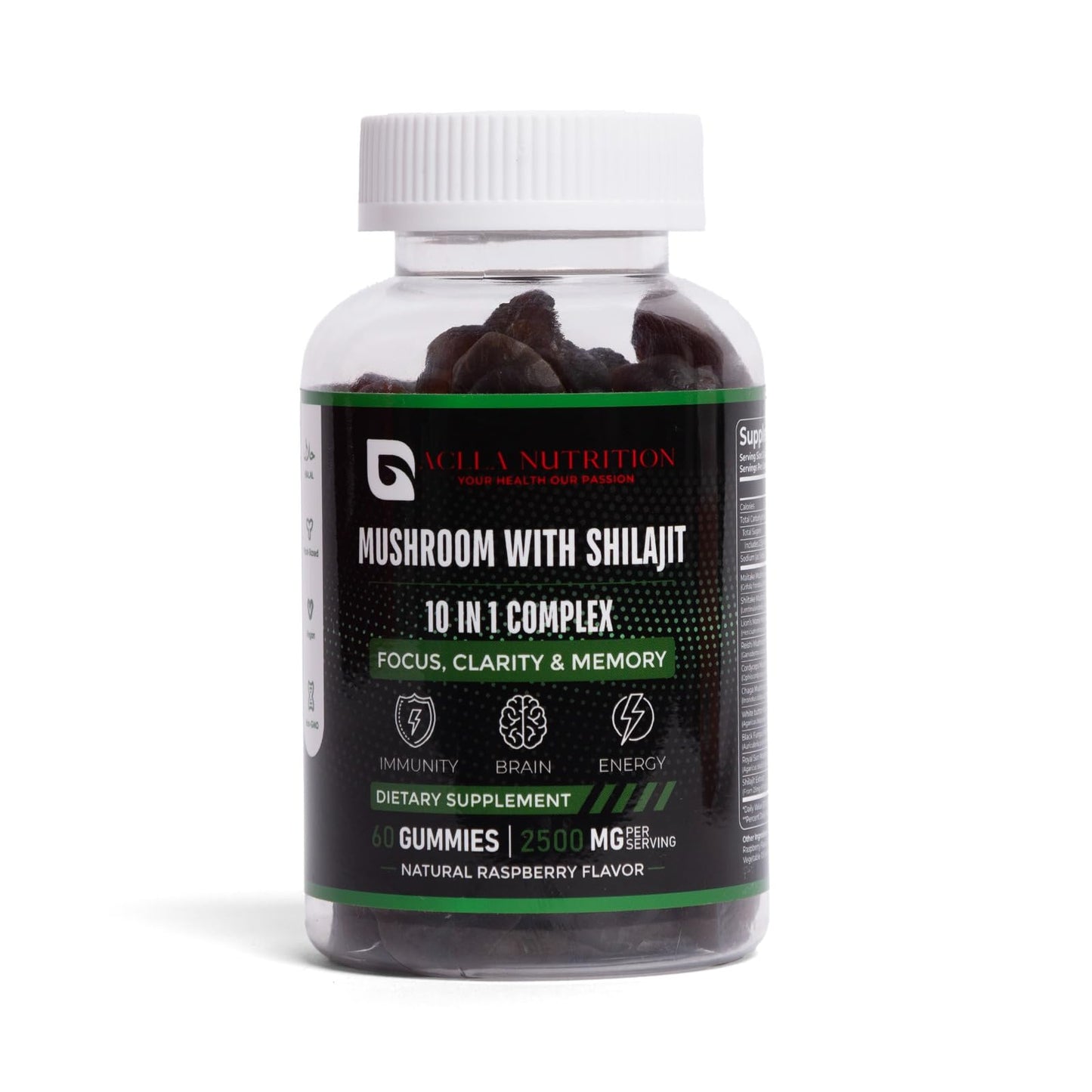 Aclla Nutrition Aclla Mushroom Gummies with Shilajit – 10-in-1 Complex with Lion’s Mane, Reishi, Chaga & More – 2500mg – Brain, Energy & Immune Support – Vegan, Low Sugar, Non-GMO – 60 Raspberry Flavour