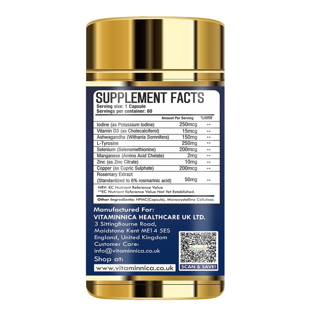 Vitaminnica Because your Health Matters Vitaminnica Thyroid Support- Advanced Formula for Thyroid Health - Energy & Focus Formula with Iodine, Vitamin D3 Complex, Zinc, Selenium, Ashwagandha, Copper | Vegan | 60 Capsules