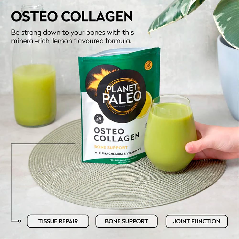 Planet Paleo Osteo Collagen Powder for Bone Health (175g, 35 Servings) Grass-Fed Bovine Collagen Peptides, with Zinc & Vitamin K2, Bone Density & Joint Health, Lemon