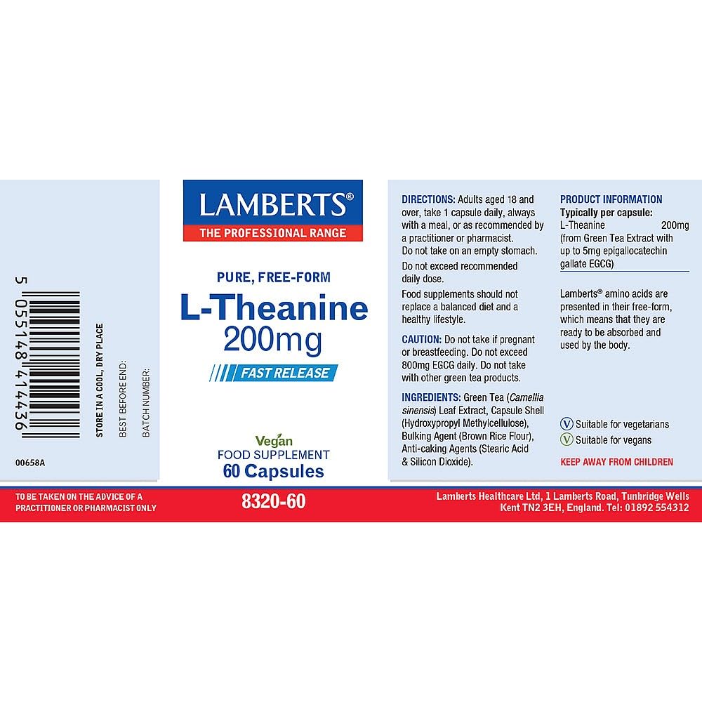 Lamberts L-Theanine Capsules – 200mg Pure L-Theanine from Green Tea – Suitable for Vegans– 60 Vegan Capsules