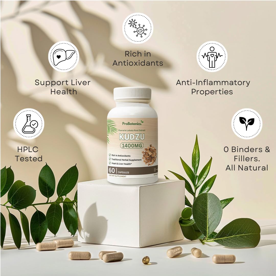 ProBotanics Kudzu Root Capsules 1400mg | High Strength 40% Isoflavones | Alcohol Craving Support, Liver Cleanse Detox, Enhanced Anti-Inflammatory | Organic Natural Health Booster