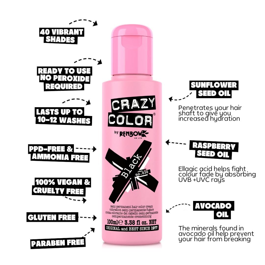 Crazy Color Black Semi-Permanent Duo Hair Dye. Highly Pigmented Blue Black Conditioning & Oil Nourishing Vegan Formula | No Bleach or Ammonia | 200ml