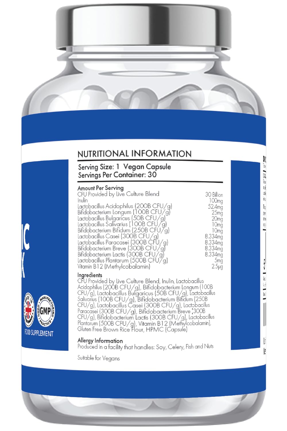 Pure: Vitality Pure:Vitality Probiotics Complex Capsules - 1 Month Supply / 30 Vegan Capsules - 30 Billion CFU - GMP HACCP UK Certified Manufacturer - PRE/PROBIOTICS for Men and Women