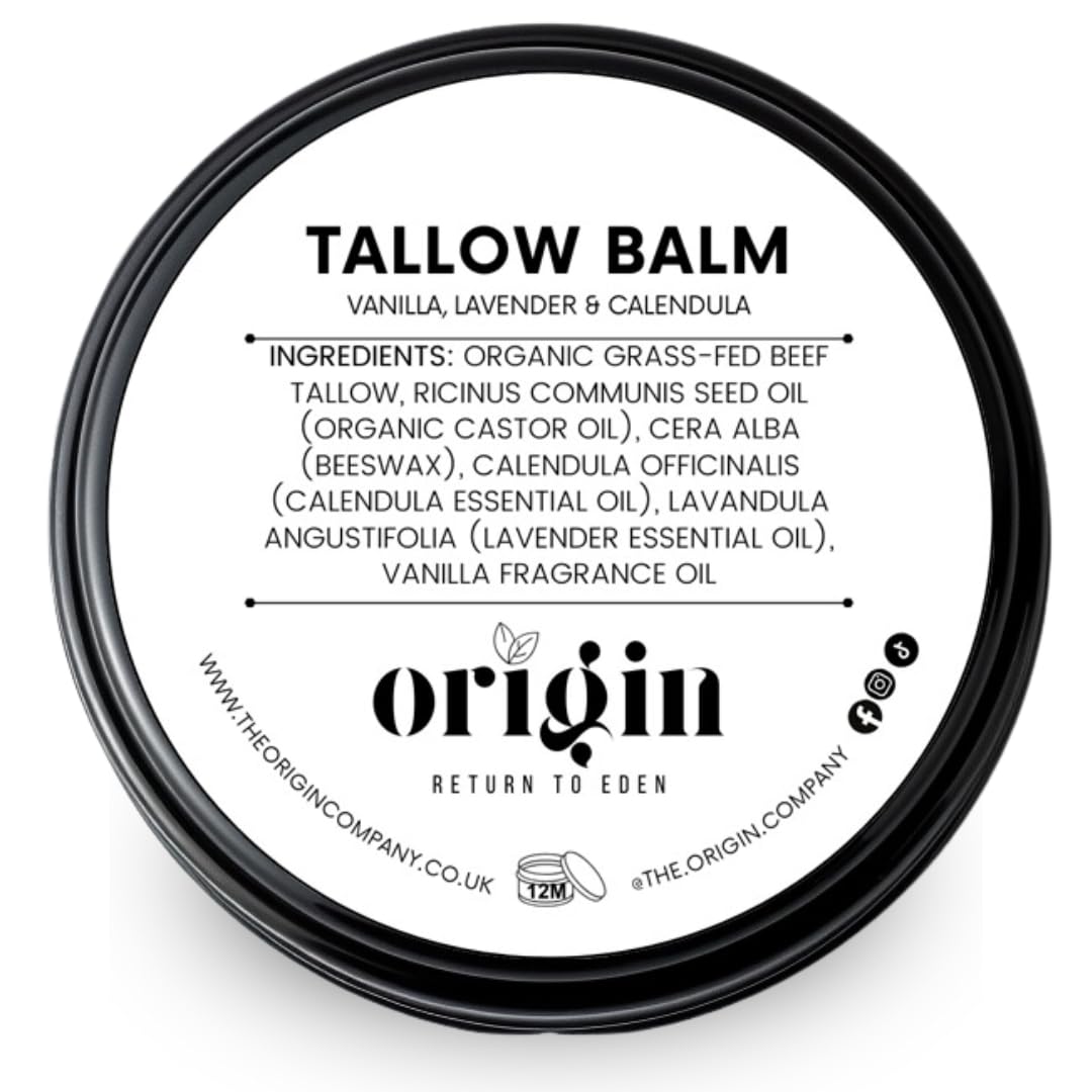Origin - Organic Beef Tallow Skin Care Balm. Barrier skin food for dry skin, eczema, rosacea, menopausal. Body lotion, hand and face cream, adults and baby. (Vanilla, Lavender & Calendula)