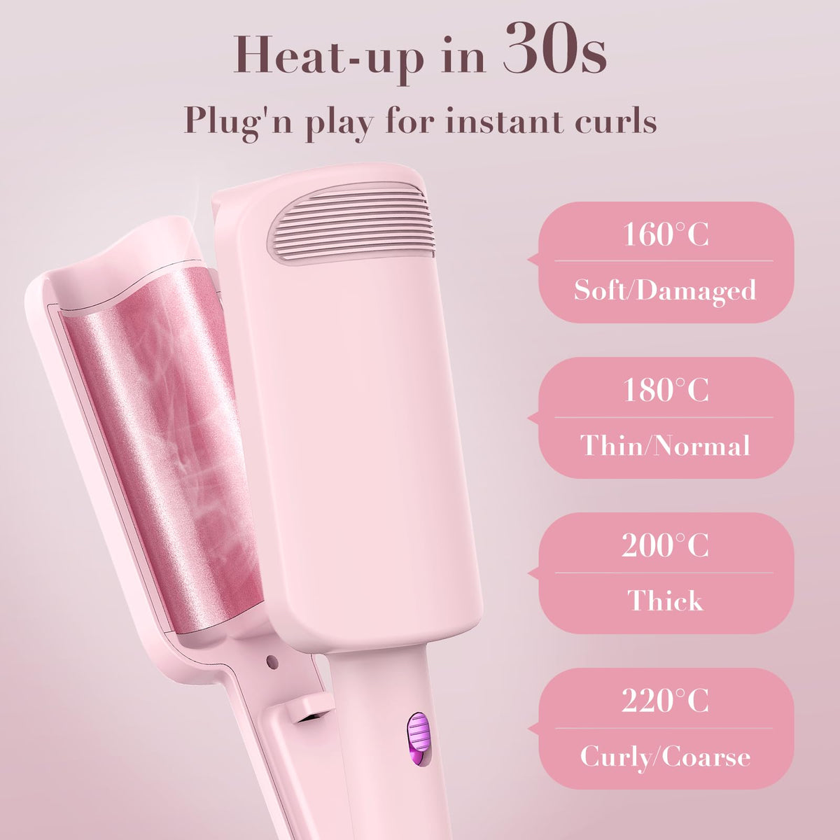 AISEELY 32MM Ceramic Curling Wand - 3 Barrel Deep Wave Hair Curler with Adjustable Temp (160°C-220°C), Anti-Scald Design & Travel Lock | Frizz-Free Waves for All Hair Types | Pink