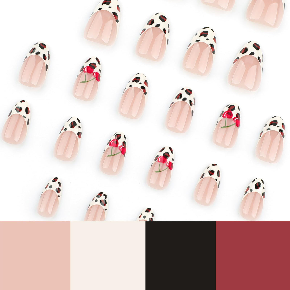 NLFOX 24pcs Short Almond Press on Nails - Leopard Print French Tip Design With Glue - 12 Sizes Cherry Pattern Full Cover Stick on for Women Girls