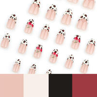 NLFOX 24pcs Short Almond Press on Nails - Leopard Print French Tip Design With Glue - 12 Sizes Cherry Pattern Full Cover Stick on for Women Girls