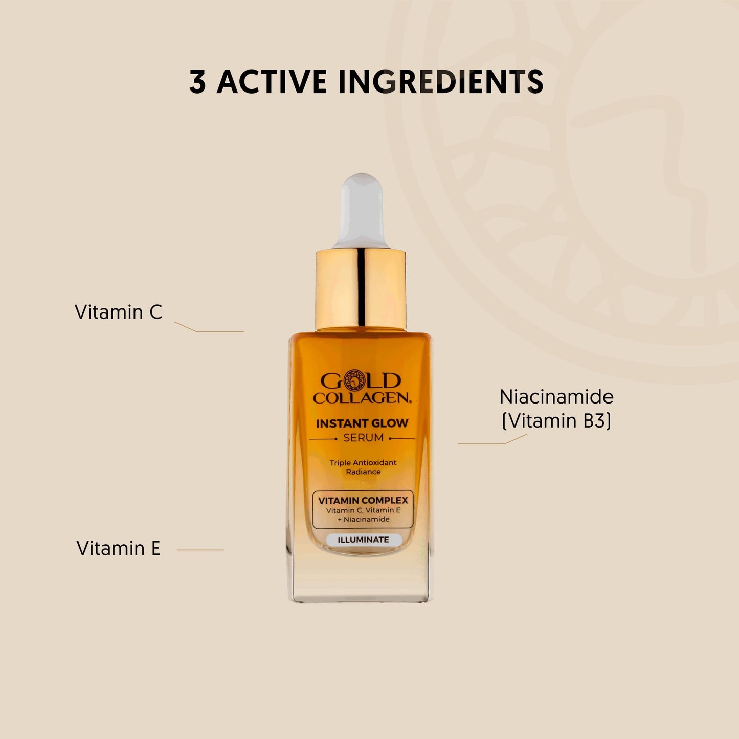 GOLD COLLAGEN Instant Glow - Vitamin C, Vitamin E, Glycerine & Niacinamide Serum for Skincare, Pore Minimizer & Moisturiser - Anti Aging Face Serum Against Wrinkles, Triple Antioxidant Action, 30 ml