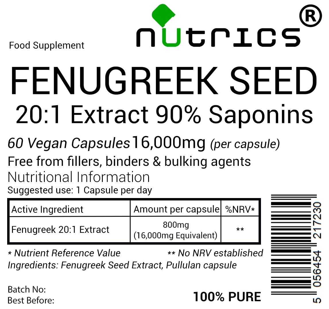 Nutrics® 16,000mg (per Capsule) Fenugreek Seed Extract 60 V Capsules (2 Months Supply) 90% Saponins - No fillers, Binders or Bulking Agents 100% Pure