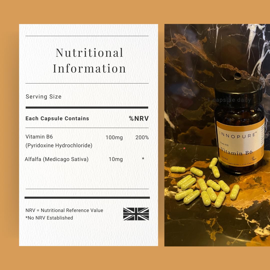 INNOPURE Vitamin B6 Capsules 100mg (No Fillers or Binders) Pure-Fill High Strength Vitamin B6 Supplement, 1 Daily Capsule (Not Tablets) 120 Capsules