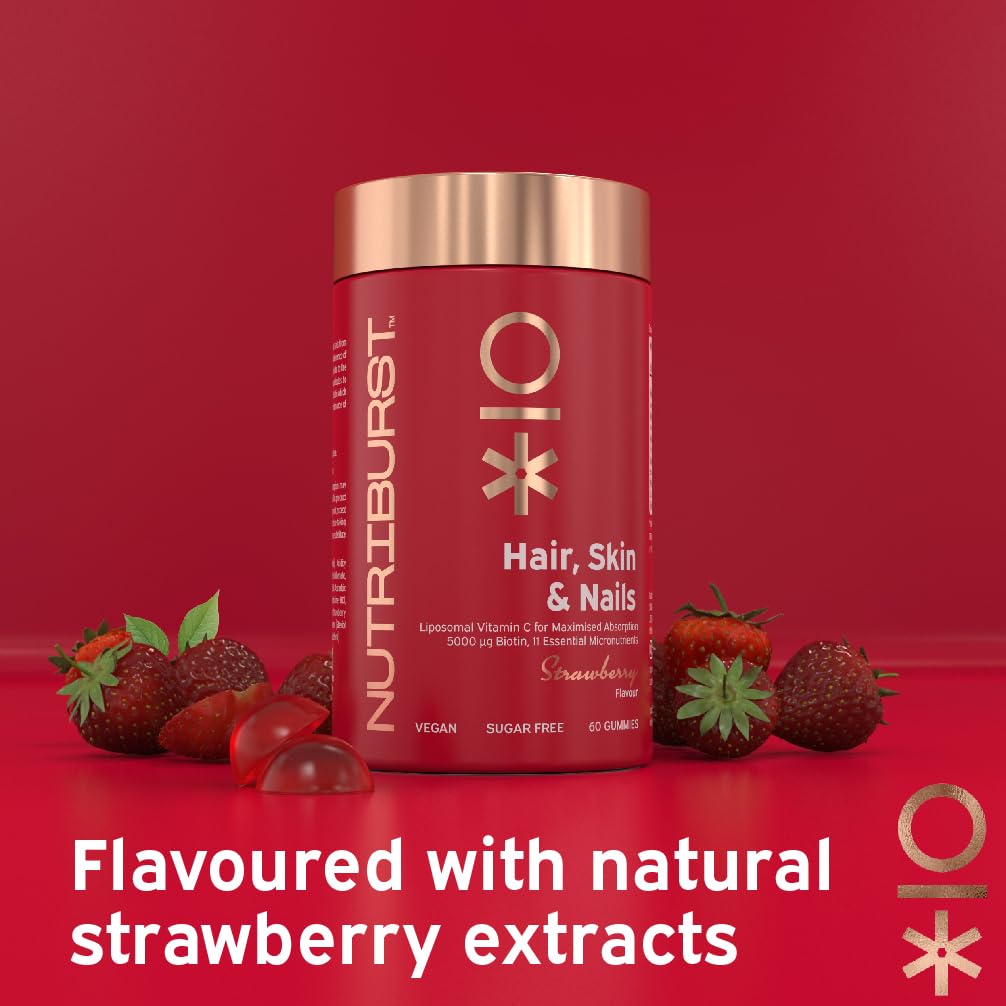 Nutriburst Hair, Skin & Nails Multipack - Supports Skin, Builds Collagen & Nail Strength - 5000 mg Biotin, Zinc + Vitamin A, C, D, E - Vegan & Sugar Free - 3 x 60 Strawberry Gummies - 3 Month Supply