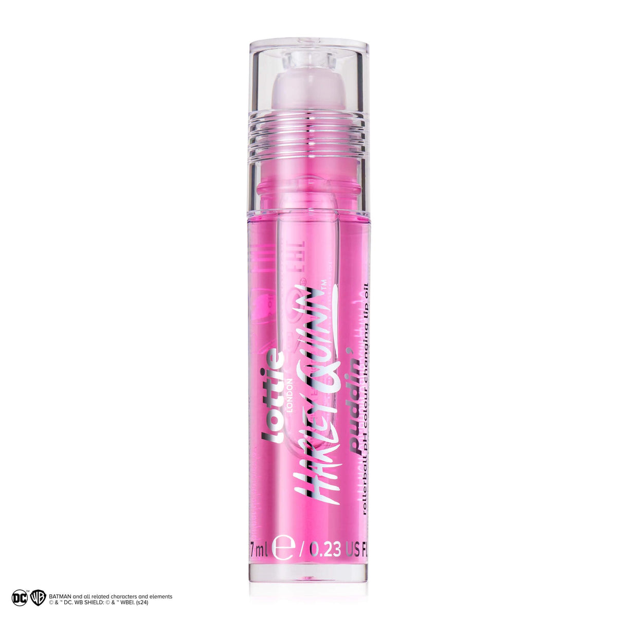 Lottie London x Harley Quinn Puddin’ pH Color Changing Lip Oil in Pink, Nourishing lip oil to adapt to the natural pH in your lips for a unique flush of color