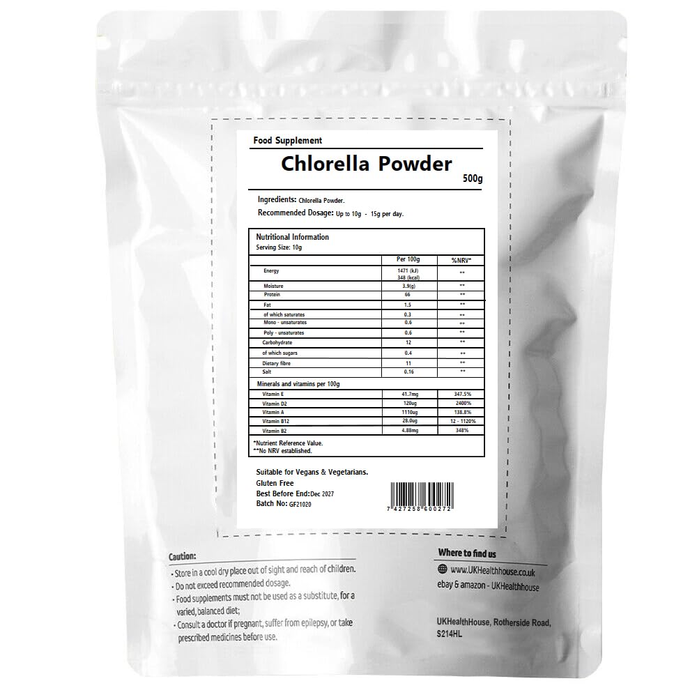 UKHealthHouse Premium Chlorella Powder, Rich in Vitamins, High Proteins, Green Superfood, Chlorophyll, Minerals, Amino Acids, Fatty Acids and Fiber (500g)