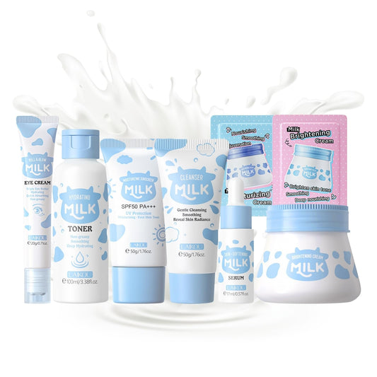 Milk Skin Care Sets & Kits - Skin Care Gift Set for Women - Gifts For Teenage Girls - Skincare Set Cleanser, Serum, Face Cream,Eye Cream,- Facial Kit for Moisturising (8pcs)