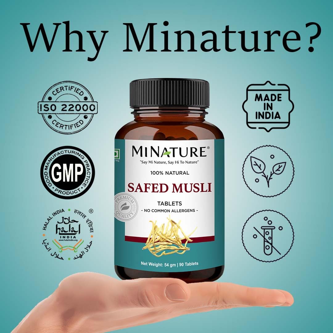 Safed Musli Tablets by mi Nature| | Pure & Natural herb | Free from Chemical & Preservative| Plant Based Gluten Free |90 Tablet, 45 Days Supply 1000mg